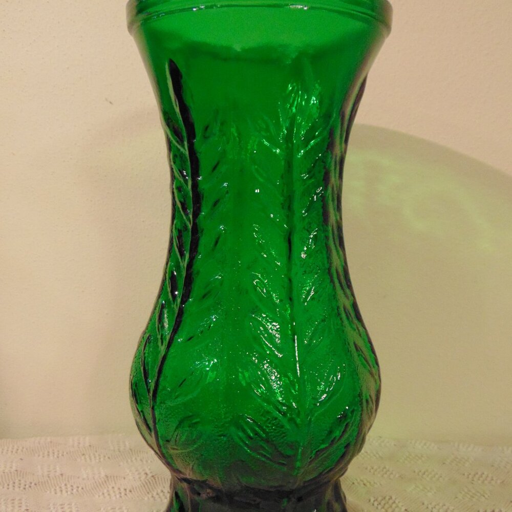Vintage Large Green Flower Vase with Leaves on Vine, 10 inches tall